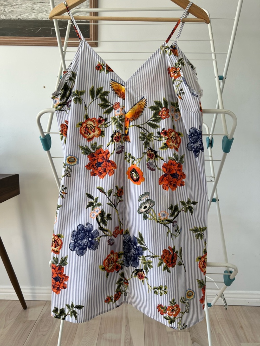 Ripe Blue-White Striped Slip Dress with Orange Floral & Yellow Bird Accent